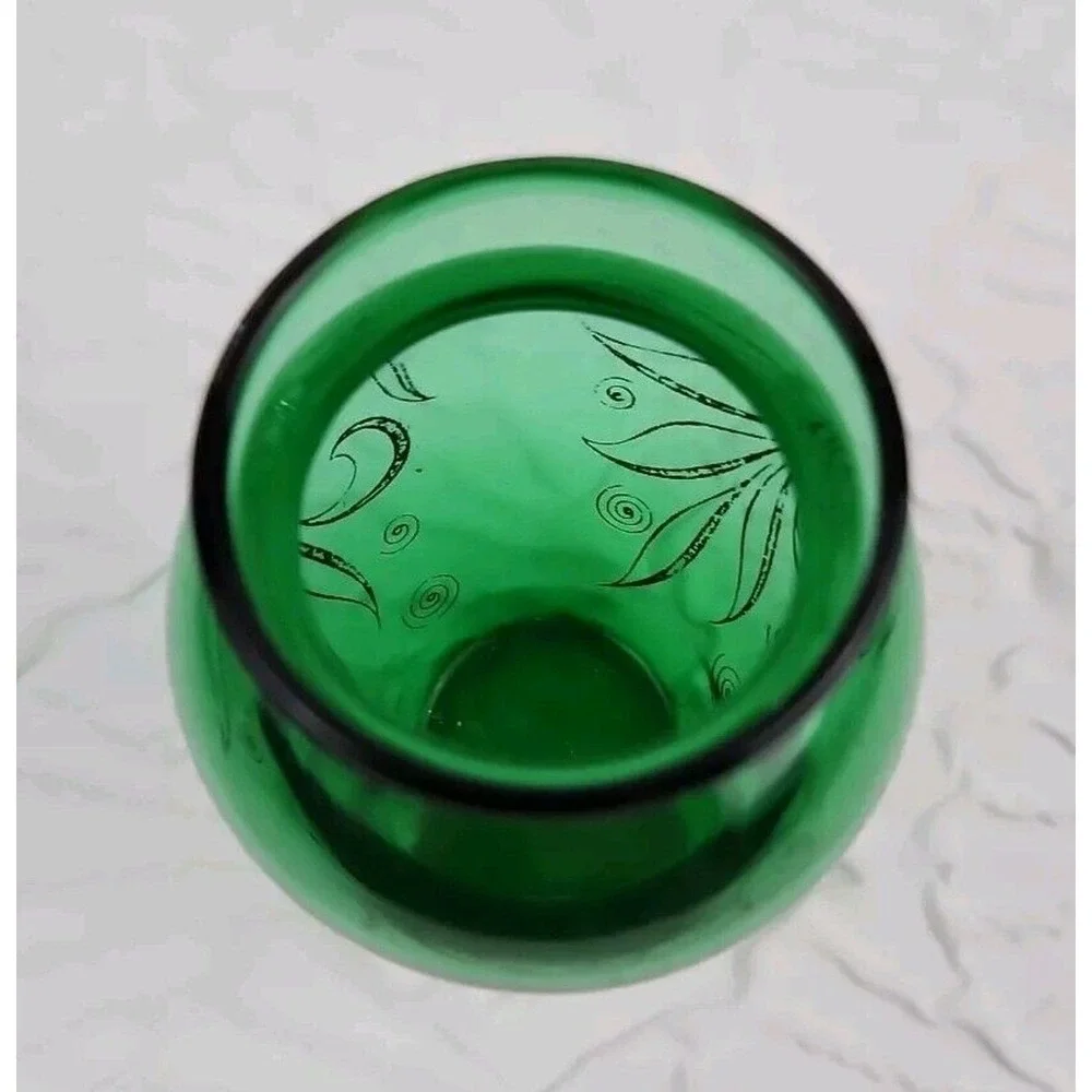 Vintage Anchor Hocking Emerald Green Glass Bud Vase Gold Accents 3.75